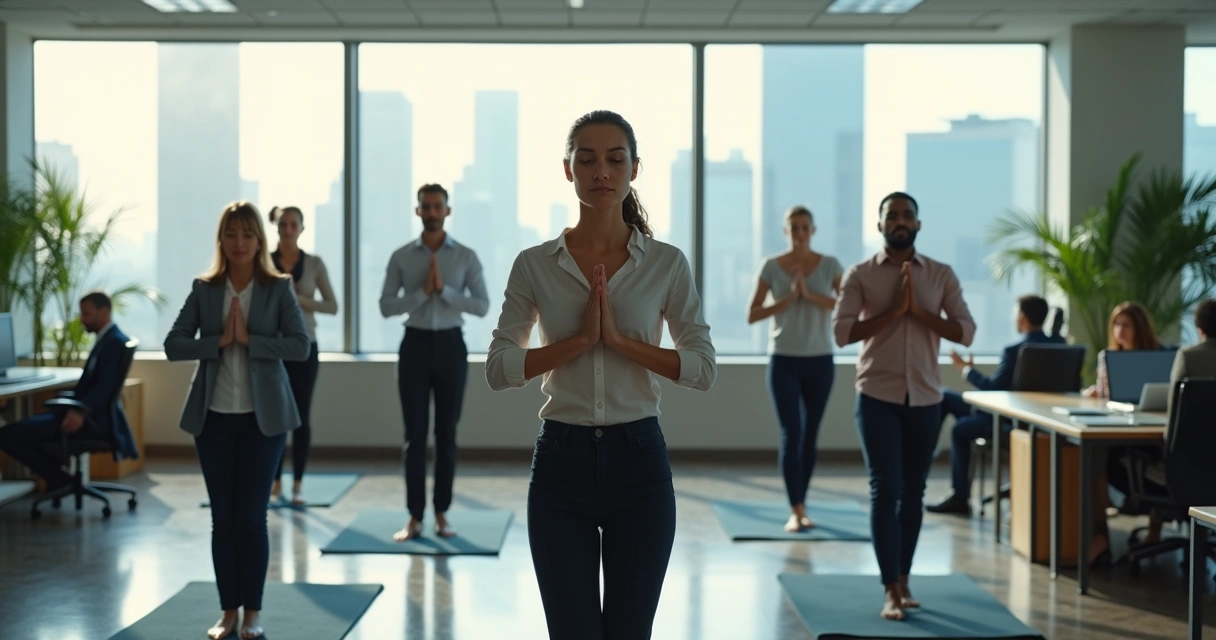 Grupo de colaboradores fazendo meditação ativa em escritório 
