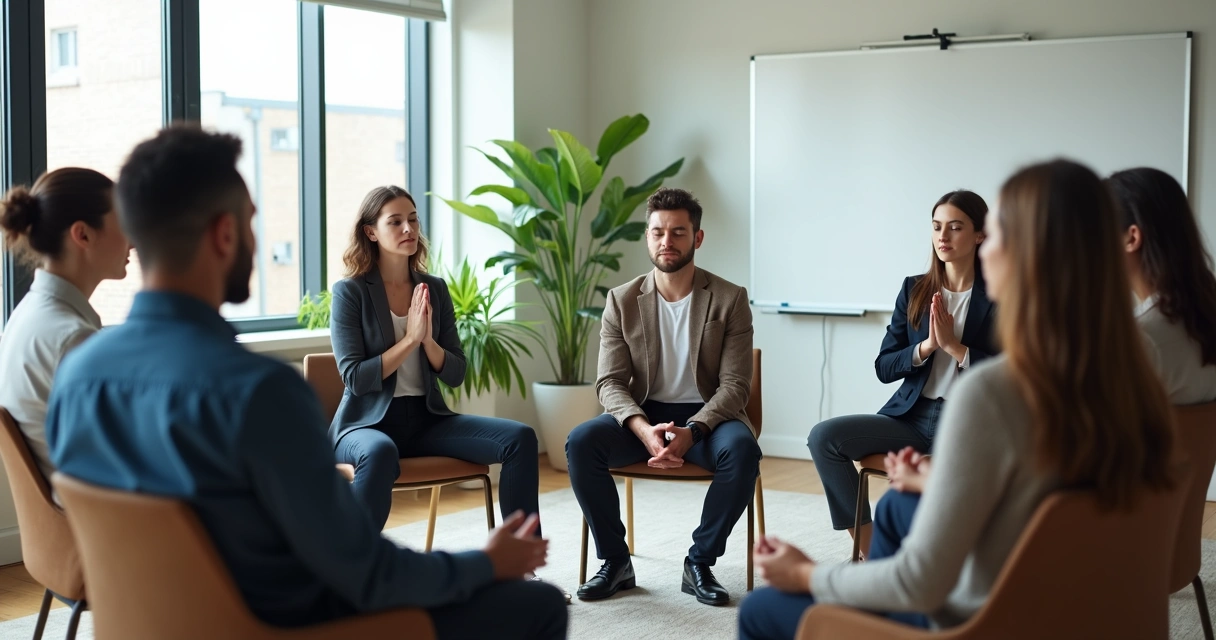 Colaboradores sentados em círculo praticando mindfulness em sala de reunião, luz suave 