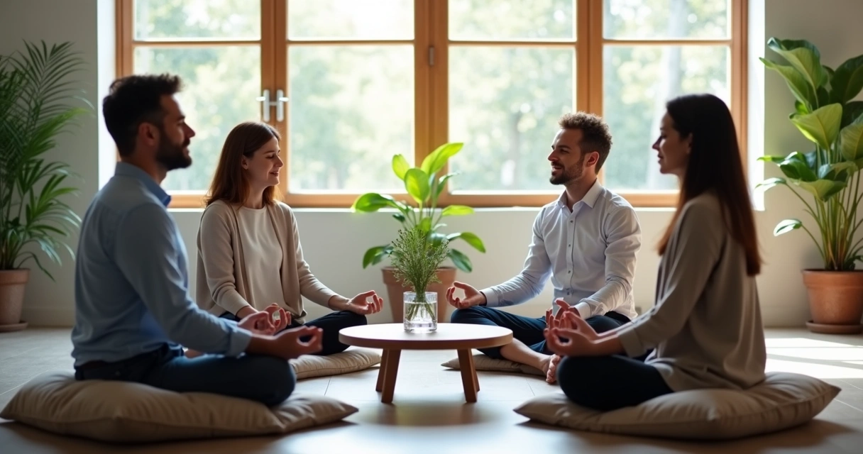Colegas de trabalho meditando juntos em sala de descanso 