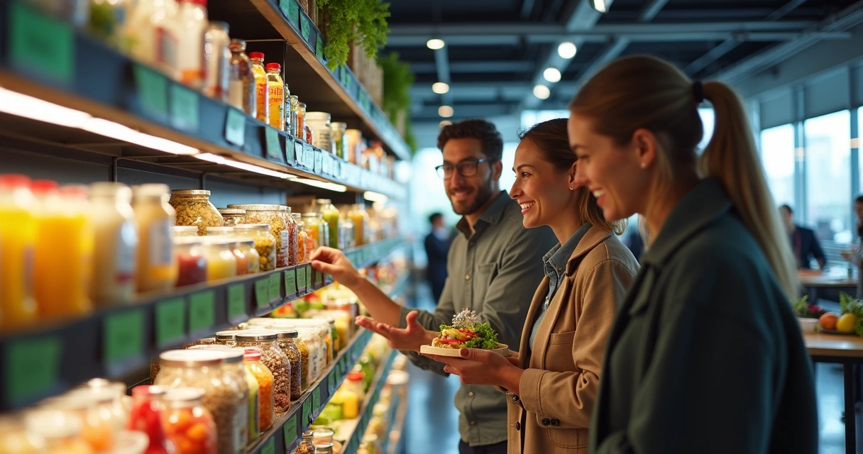 Colaboradores explorando opções veganas no mini mercado corporativo 