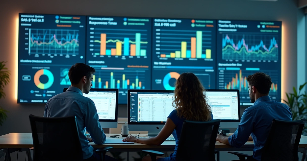 Colaboradores monitorando atendimento em painéis digitais 