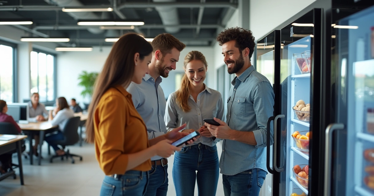 Equipe de escritório com diferentes colaboradores escolhendo benefícios digitais no ambiente de trabalho 