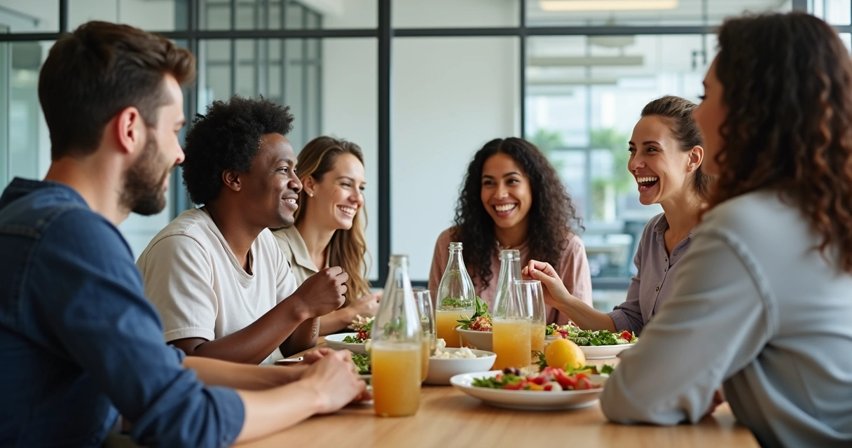 Grupo de colaboradores sorrindo em pausa para refeição saudável no ambiente de trabalho 