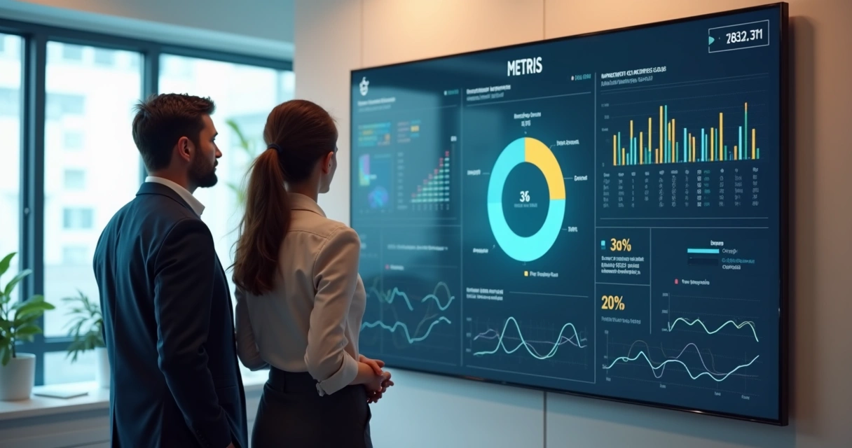 Colaboradores observando painel digital de IA com indicadores 