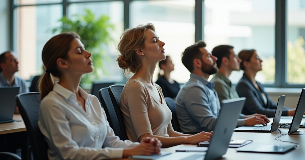Colaboradores sentados fazendo respiração consciente no escritório 