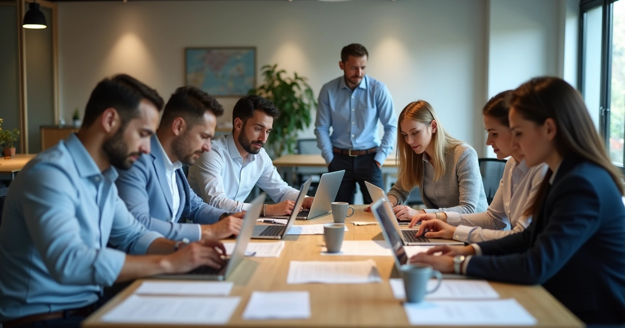 Grupo de funcionários preenchendo pesquisa em notebooks 