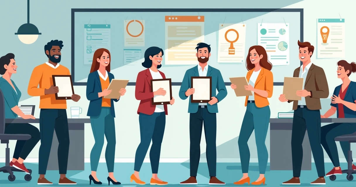 Colaboradores premiados sorrindo com placas de homenagem personalizadas 