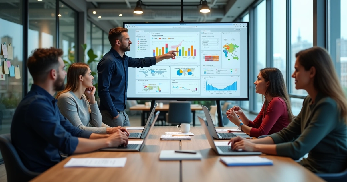 Equipe multidisciplinar de colaboradores de projetos reunida em mesa de trabalho com laptop e gráficos 