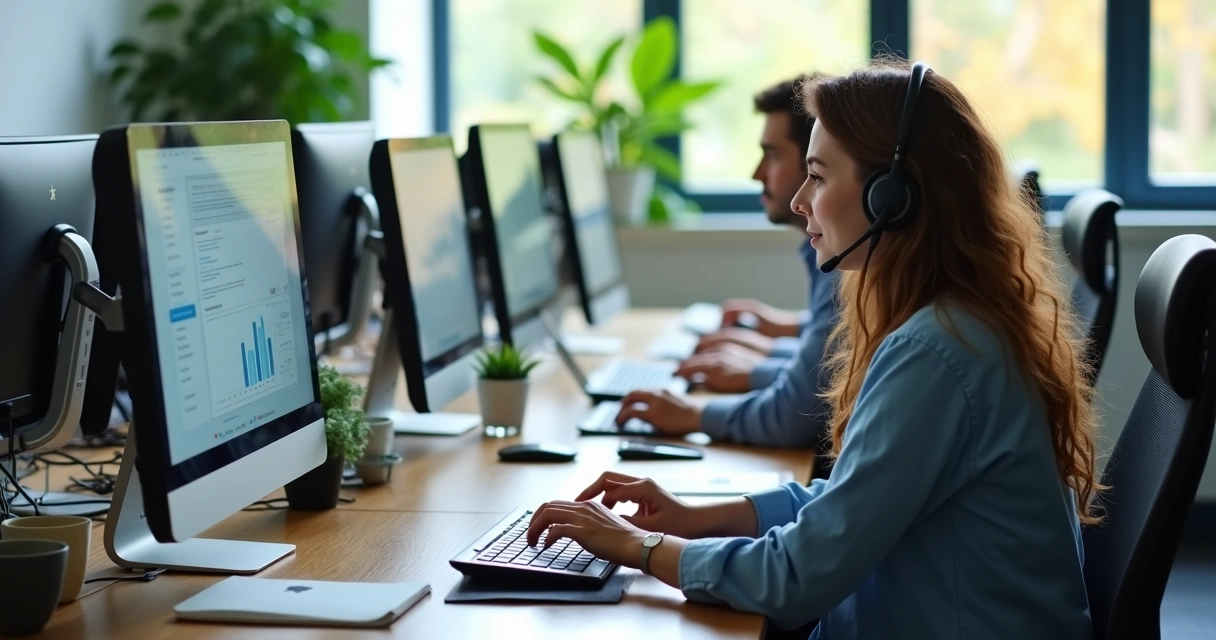 Colaboradores em estações de trabalho participando de treinamento EAD 