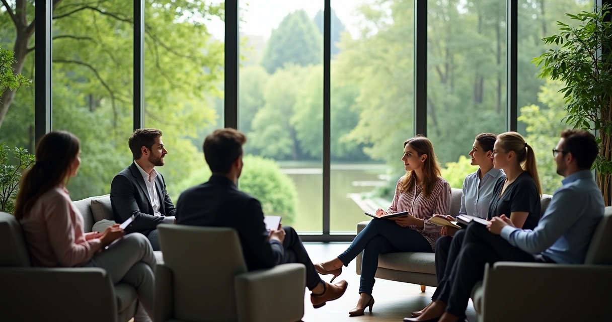 Trabalhadores contemplando paisagem em espaço de descanso corporativo