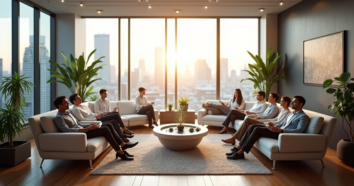 Colaboradores relaxando em sala de descanso corporativa 