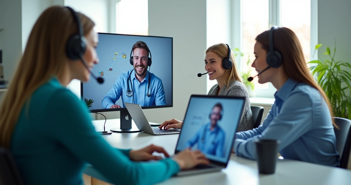 Três pessoas sentadas em locais diferentes trabalhando em computadores em chamada com especialista de TI remoto 