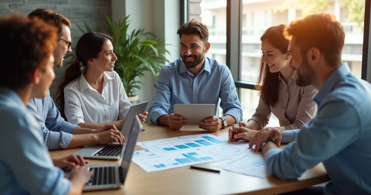 Equipe de colaboradores em reunião corporativa analisando documentos de benefícios 
