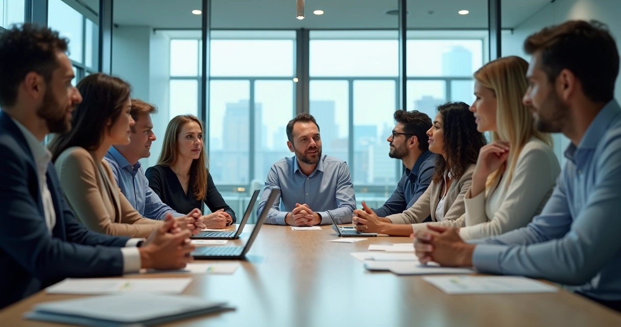 Equipe em reunião presencial com expressões de engajamento 