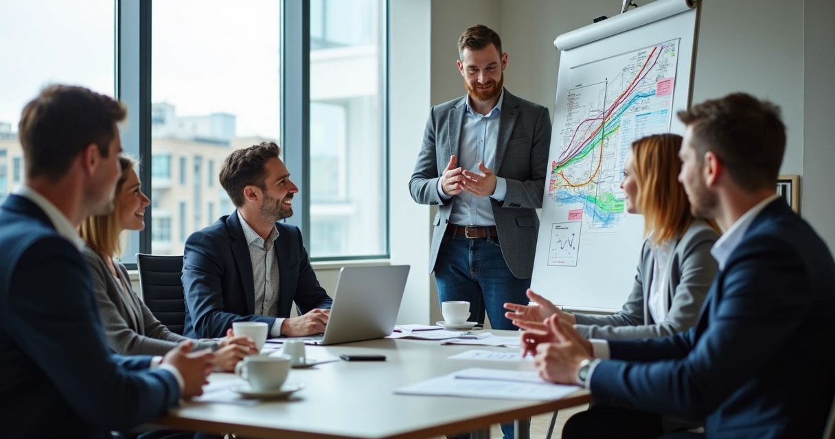 Equipe de colaboradores reunidos em sala de reunião discutindo mudanças no transporte corporativo 