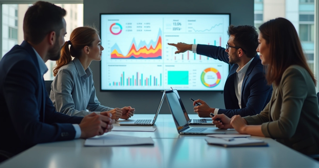 Equipe empresarial analisando gráficos financeiros em reunião 