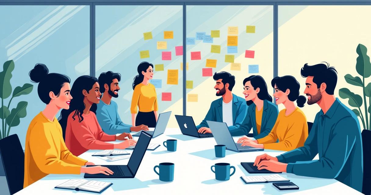 Colaboradores em uma reunião trocando ideias e post-its na parede. 