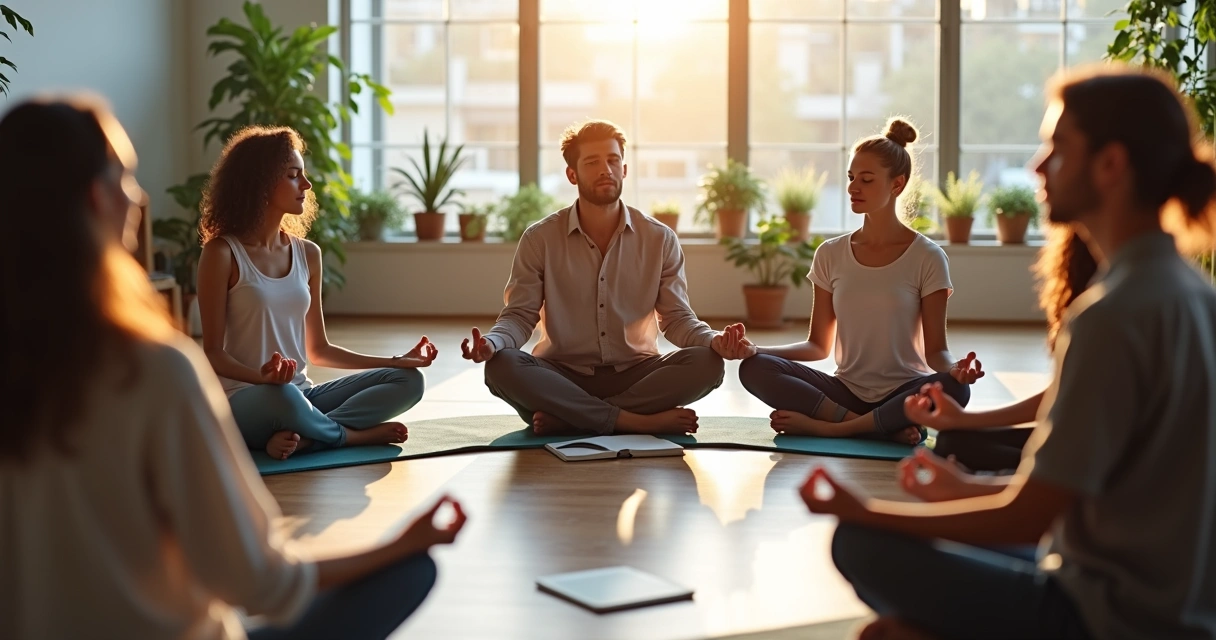 Colaboradores em uma reunião de meditação em sala clara e ampla 