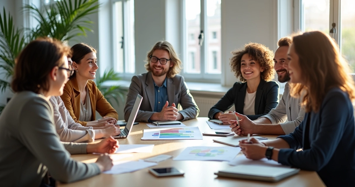 Equipe de colaboradores em uma reunião, compartilhando ideias de forma positiva