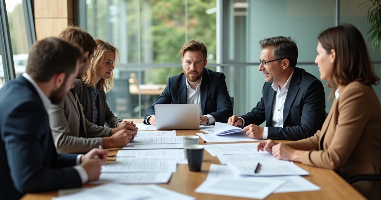 Equipe de colaboradores reunida em mesa discutindo políticas organizacionais 
