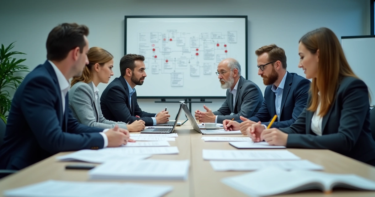 Colaboradores reunidos revisando procedimentos em uma sala de reunião 