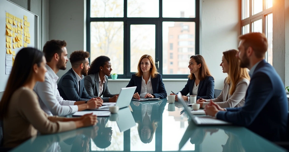Colaboradores de diferentes origens reunidos em escritório moderno 