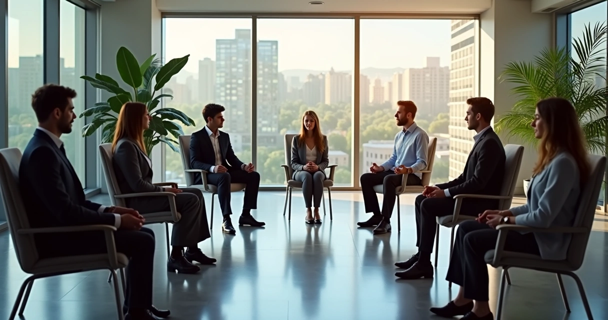 Grupo de colaboradores em roda participando de meditação guiada no escritório 