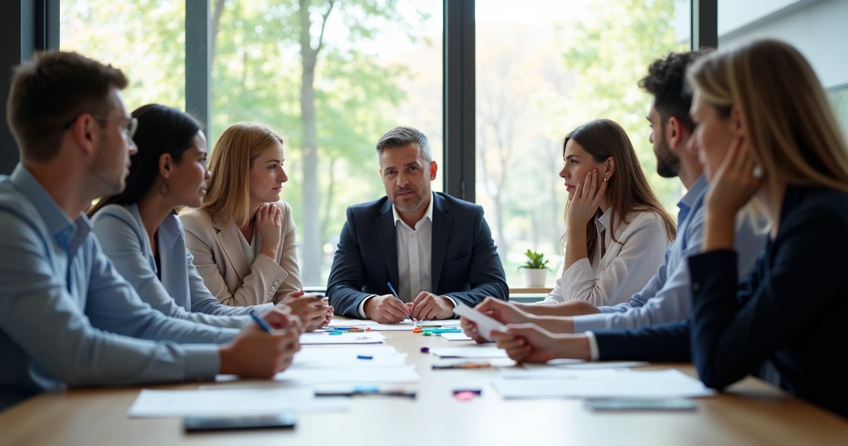 Grupo de colaboradores reunidos à mesa, alguns pensativos, outros dialogando, papéis e canetas sobre a mesa. 
