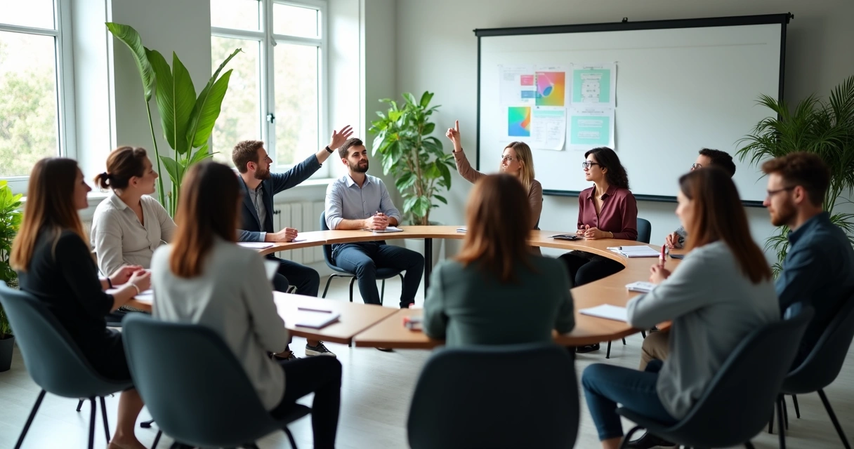 Colaboradores sentados em círculo durante um treinamento 