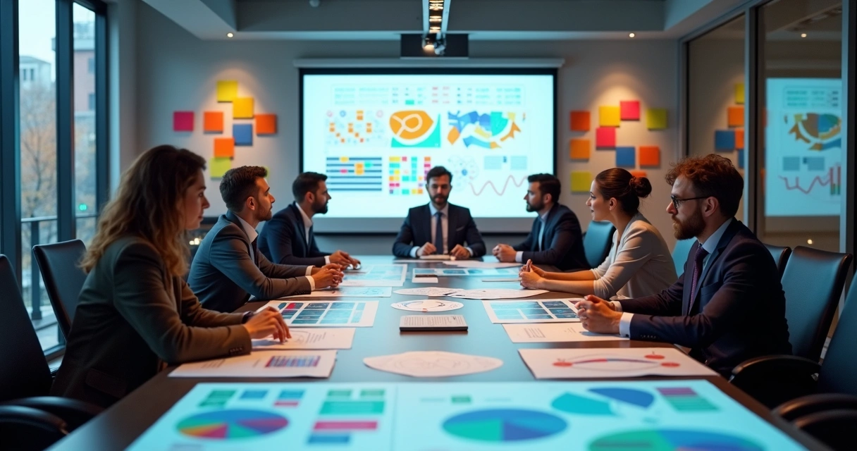 Colaboradores em sala de reunião olhando gráficos em tela 