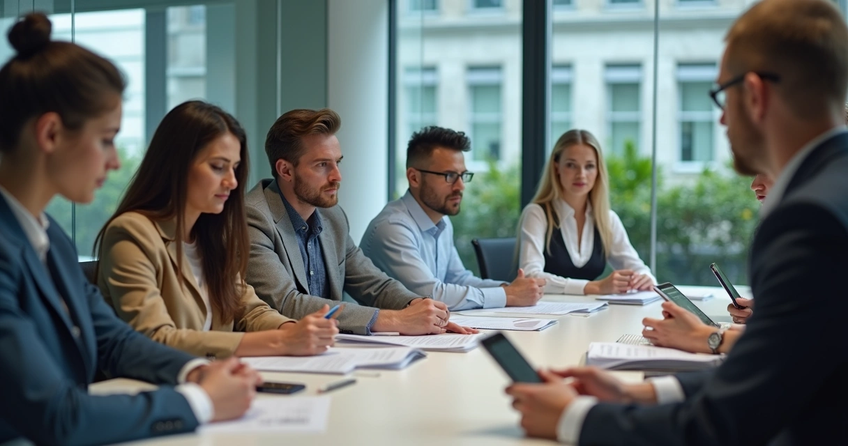 Colaboradores em sala de reunião pouco engajados 