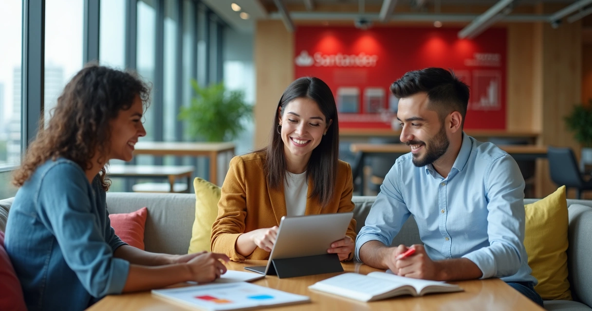 Colaboradores do Santander conversando em espaço informal do escritório moderno 