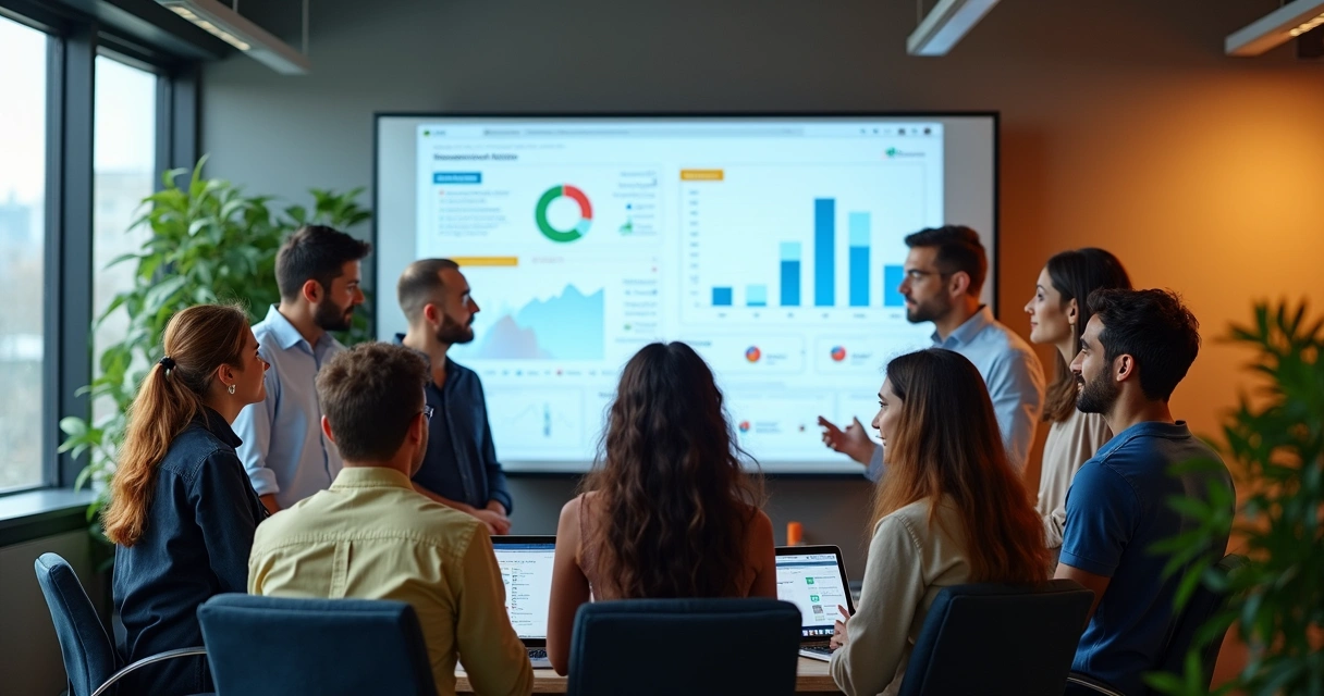 Colaboradores analisando dashboard de sistema de gestão 