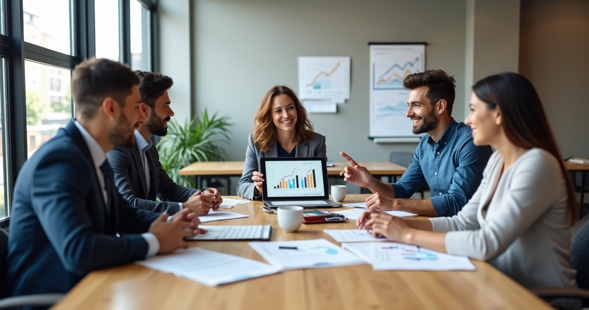 Equipe reunida discutindo estratégias em torno de uma mesa de trabalho 
