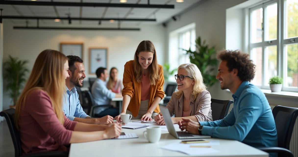 Colaboradores sorrindo em ambiente de trabalho diverso 