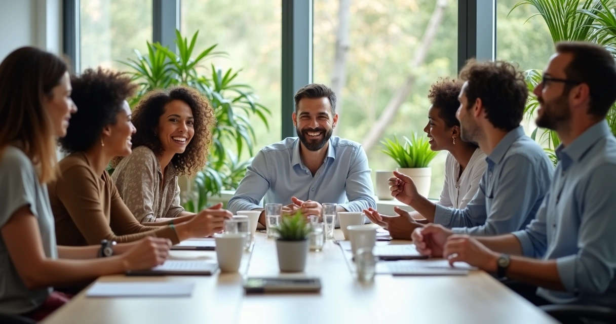 Colaboradores reunidos sorrindo em sala de reunião 