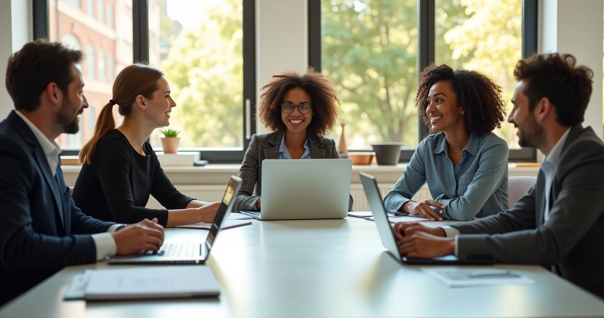 Pessoas de diferentes idades em reunião corporativa, sorrindo em ambiente iluminado