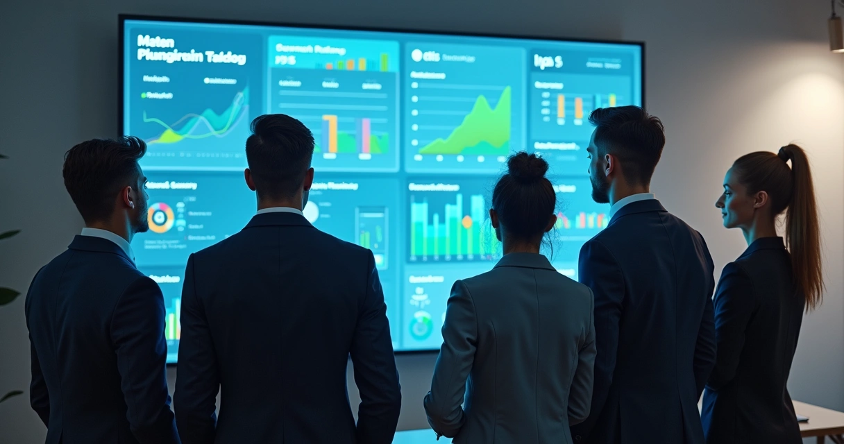 Colaboradores de diferentes setores olhando para dashboard de gestão na parede 
