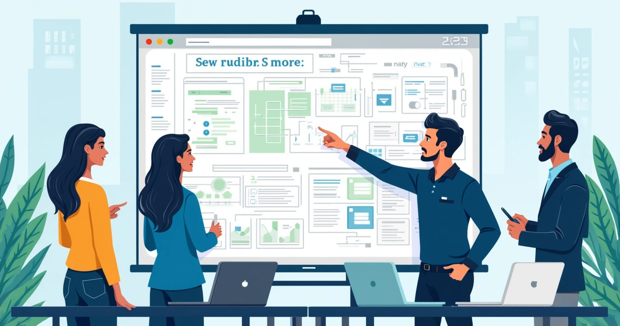 Colaboradores de tecnologia discutindo em frente ao mural digital