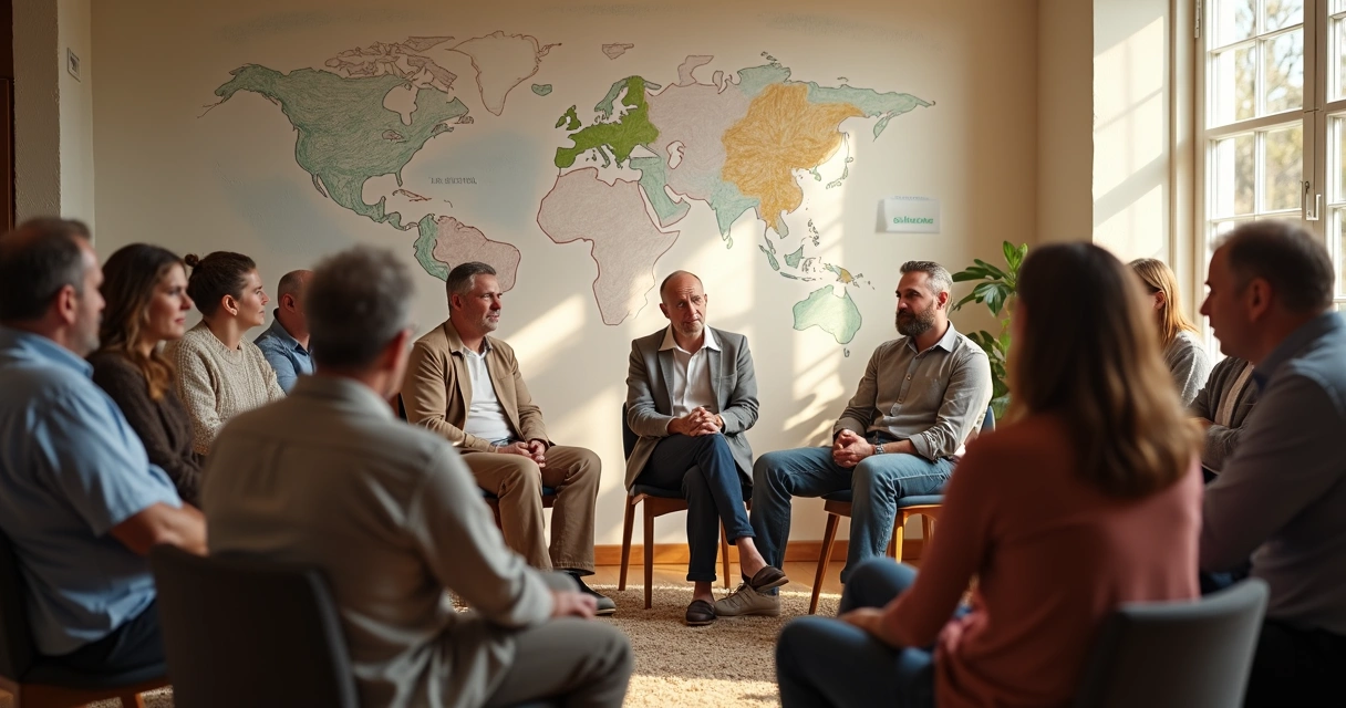 Equipe diversa em roda de conversa durante reunião em ONG 