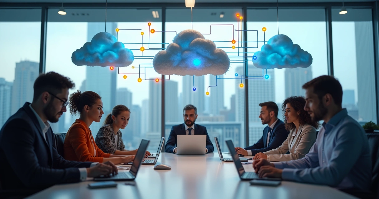 Colaboradores acessando softwares na nuvem em computadores e tablets