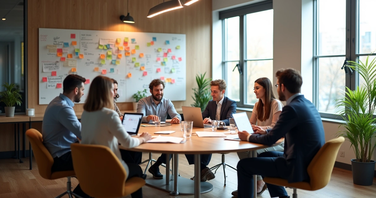 Colaboradores trocando ideias em uma sala de reunião com quadros e post-its 