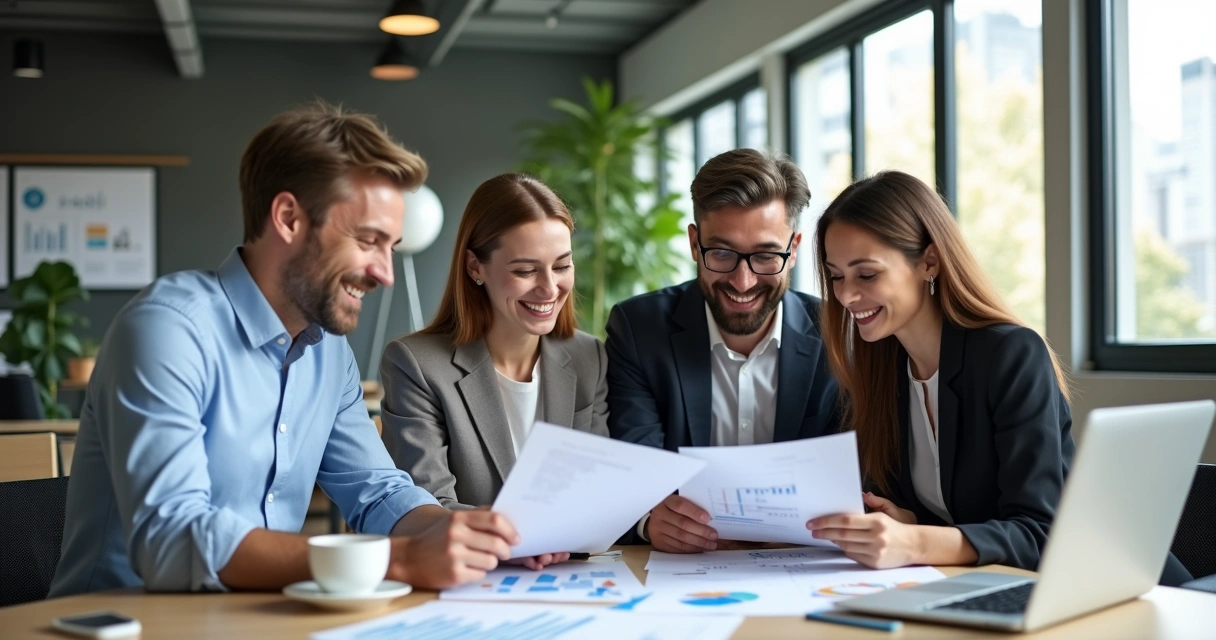 Quatro colaboradores sentados à mesa, rindo e colaborando enquanto analisam gráficos 