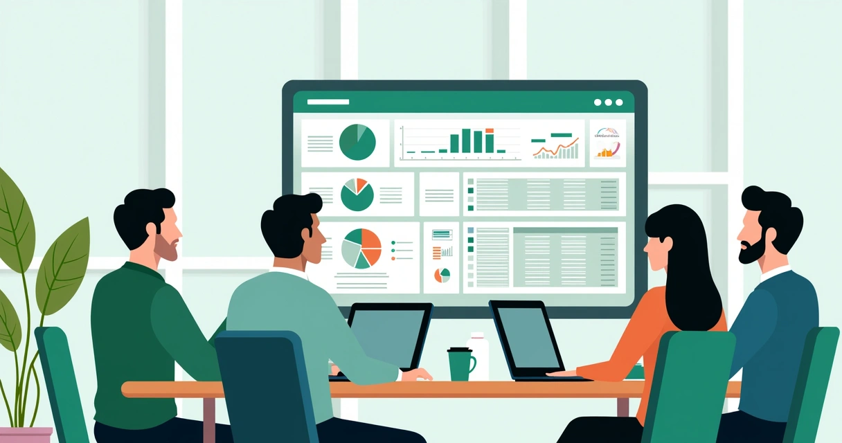 Equipe de colaboradores mexendo juntos em uma planilha digital em um escritório moderno 