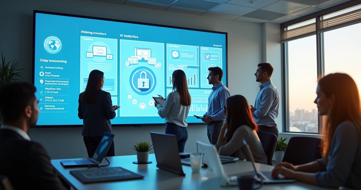 Colaboradores de uma empresa analisando recursos de segurança e IA em tela de computador, ambiente profissional e moderno