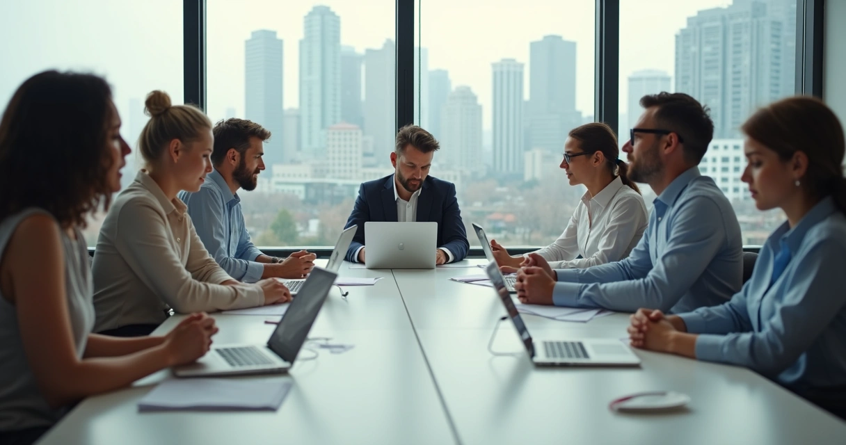 Equipe de colaboradores discutindo com expressões de cansaço em sala de reunião corporativa 