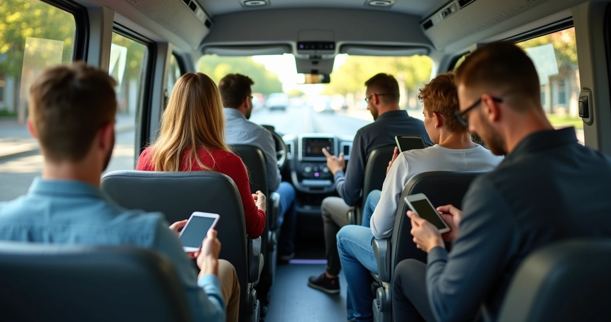 Colaboradores sentados confortavelmente dentro de uma van corporativa moderna e bem iluminada durante o trajeto 