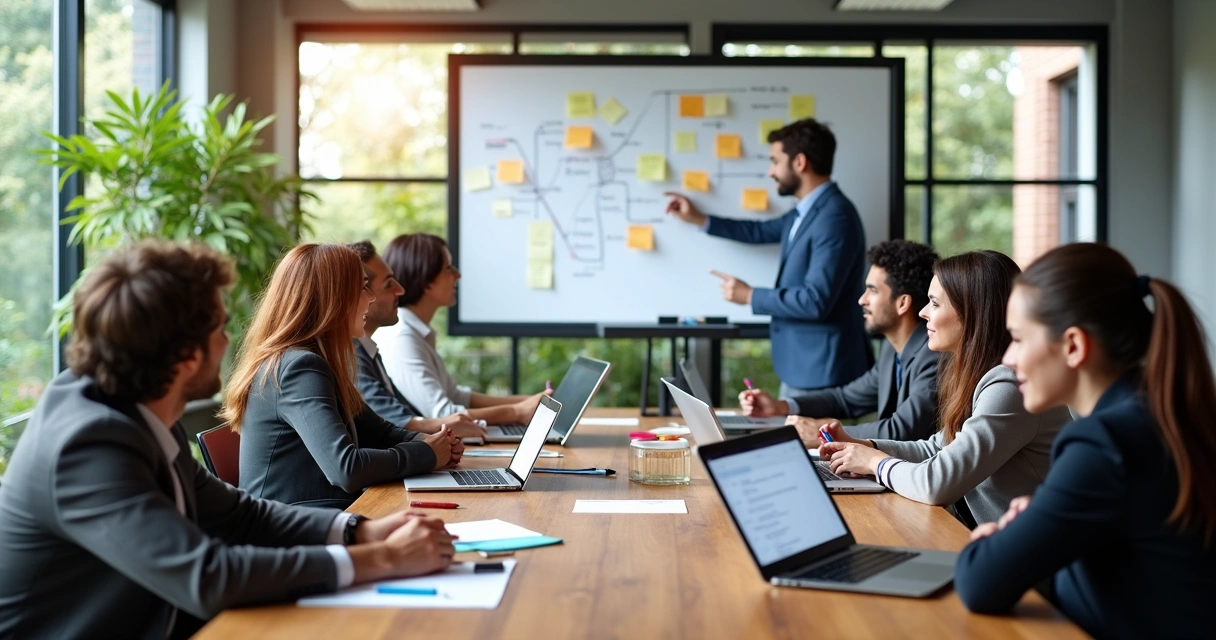 Pessoas participando de treinamento em ambiente corporativo, com laptops e quadros brancos 