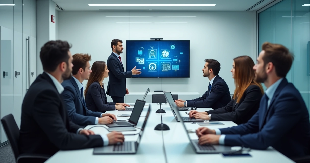 Colaboradores em treinamento sobre políticas de dispositivos móveis 