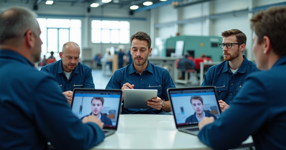 Treinamento online com colaboradores em ambiente industrial